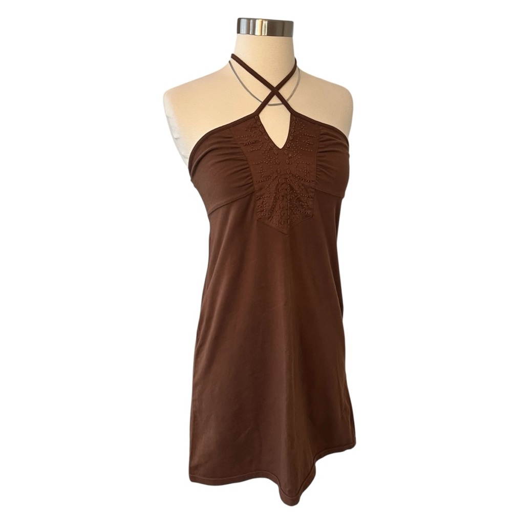 Vintage Y2K AEO halter sun dress brown cross strap tie back embroidered XS - Picture 3 of 16